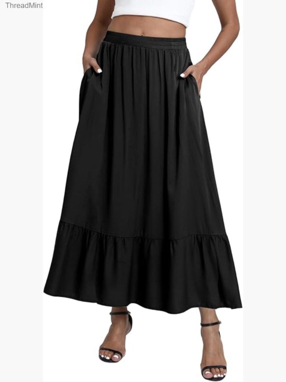 Flowy Boho Maxi Skirt Elastic Waist A-Line Ruffle Long Skirt with Pockets